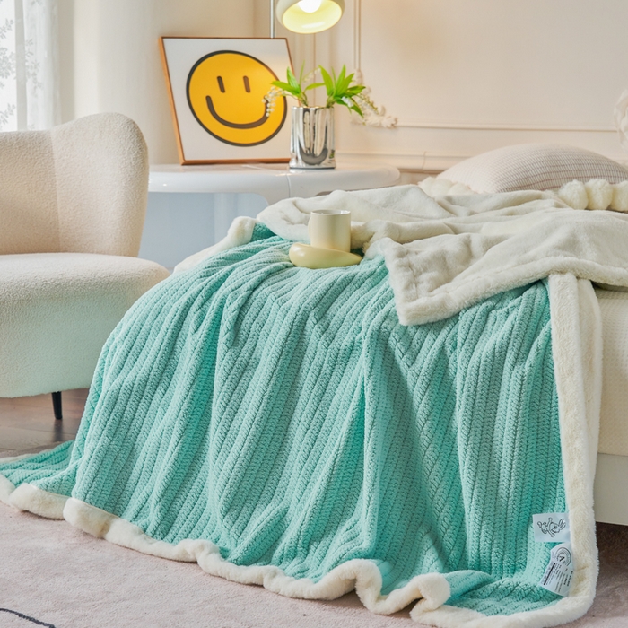 91家纺网 家纺一手货源 找家纺 畅畅家纺 2025新款A面编织绒B面兔毛绒纯色春秋冬毛毯盖毯 湖水蓝