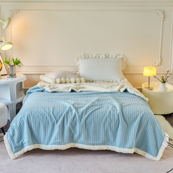 91家纺网 家纺一手货源 找家纺 （总）畅畅家纺 2025新款A面编织绒B面兔毛绒纯色春秋冬毛毯盖毯