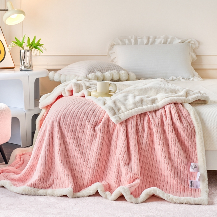 91家纺网 家纺一手货源 找家纺 畅畅家纺 2025新款A面编织绒B面兔毛绒纯色春秋冬毛毯盖毯 豆沙粉