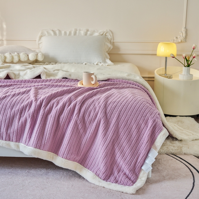 91家纺网 家纺一手货源 找家纺 畅畅家纺 2025新款A面编织绒B面兔毛绒纯色春秋冬毛毯盖毯 芋泥紫