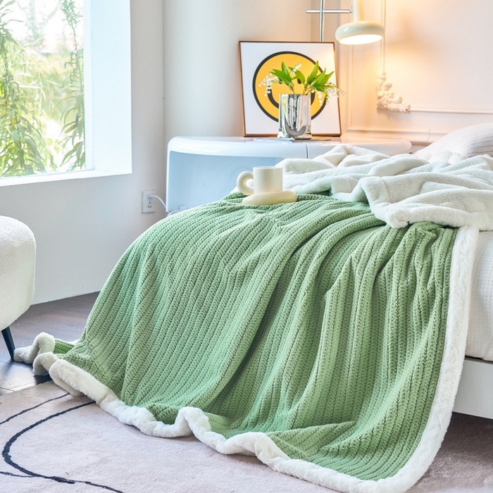 91家纺网 家纺一手货源 找家纺 畅畅家纺 2025新款A面编织绒B面兔毛绒纯色春秋冬毛毯盖毯 抹茶绿
