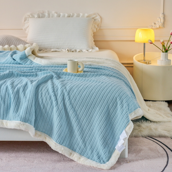 91家纺网 家纺一手货源 找家纺 畅畅家纺 2025新款A面编织绒B面兔毛绒纯色春秋冬毛毯盖毯 天空蓝