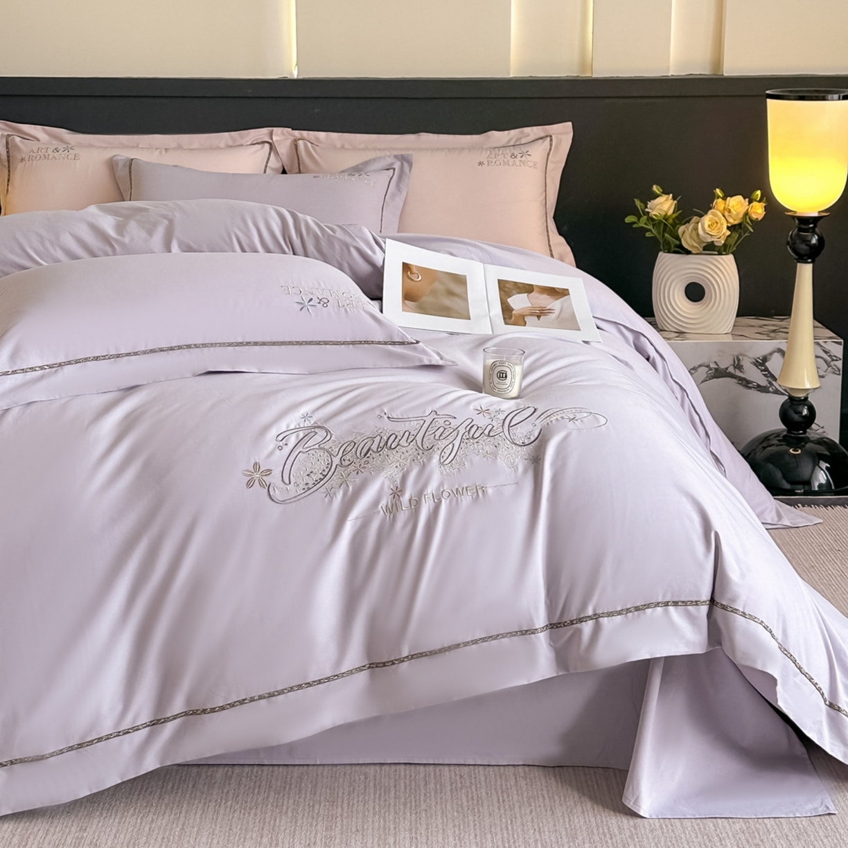 91家纺网 家纺一手货源 找家纺 博之洋婚庆 2025新款全棉纯棉长绒棉贡缎磨毛刺绣四件套不掉毛【高端礼盒】绽放系列 梧桐灰