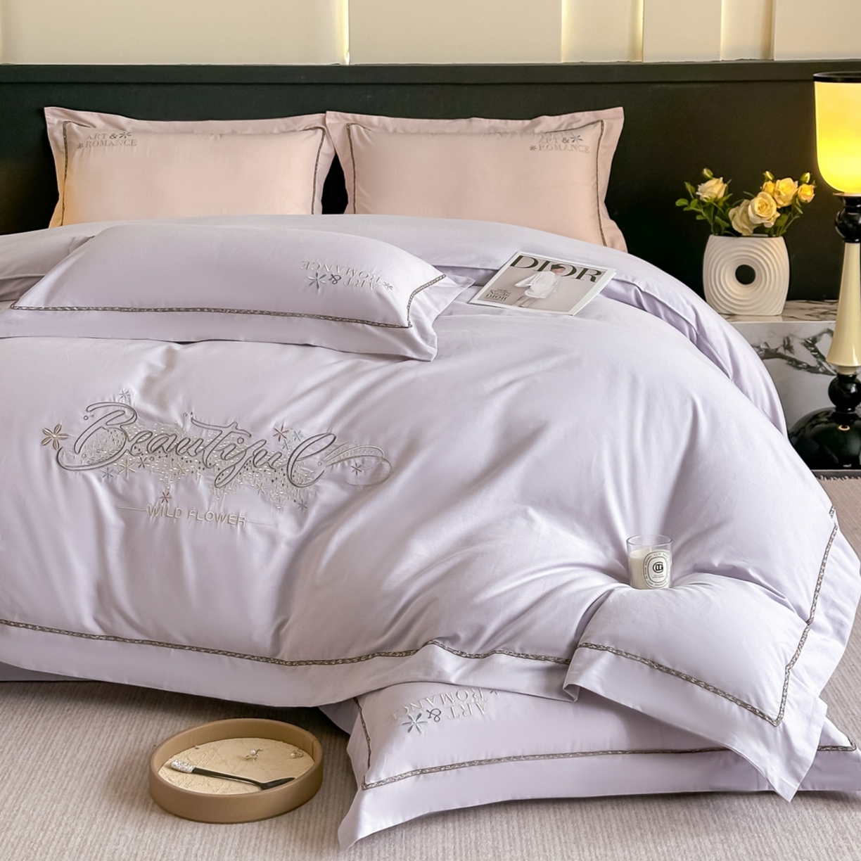 91家纺网 家纺一手货源 找家纺 博之洋婚庆 2025新款全棉纯棉长绒棉贡缎磨毛刺绣四件套不掉毛【高端礼盒】绽放系列 梧桐灰