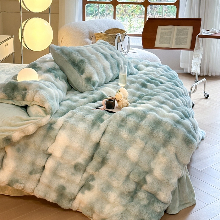 91家纺网 家纺一手货源 找家纺 畅畅家纺 2025新款纯色七彩兔兔绒兔毛绒牛奶绒四件套 七彩-绿