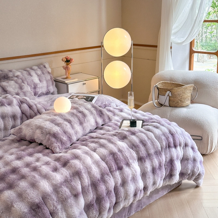 91家纺网 家纺一手货源 找家纺 畅畅家纺 2025新款纯色七彩兔兔绒兔毛绒牛奶绒四件套 七彩-紫