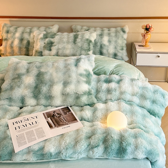 91家纺网 家纺一手货源 找家纺 畅畅家纺 2025新款纯色七彩兔兔绒兔毛绒牛奶绒四件套 七彩-绿