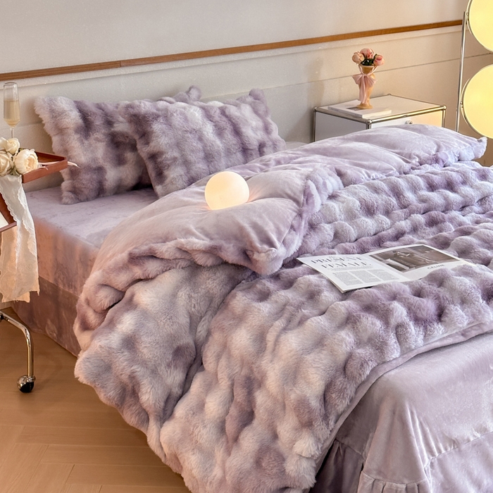 91家纺网 家纺一手货源 找家纺 畅畅家纺 2025新款纯色七彩兔兔绒兔毛绒牛奶绒四件套 七彩-紫