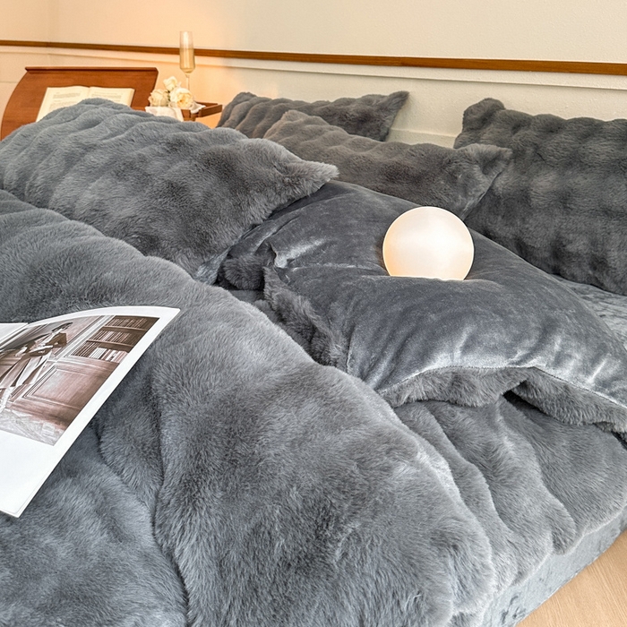 91家纺网 家纺一手货源 找家纺 畅畅家纺 2025新款纯色七彩兔兔绒兔毛绒牛奶绒四件套 暖心灰