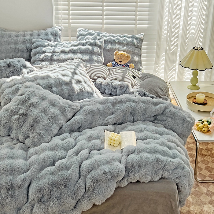 91家纺网 家纺一手货源 找家纺 畅畅家纺 2025新款纯色七彩兔兔绒兔毛绒牛奶绒四件套 高级灰