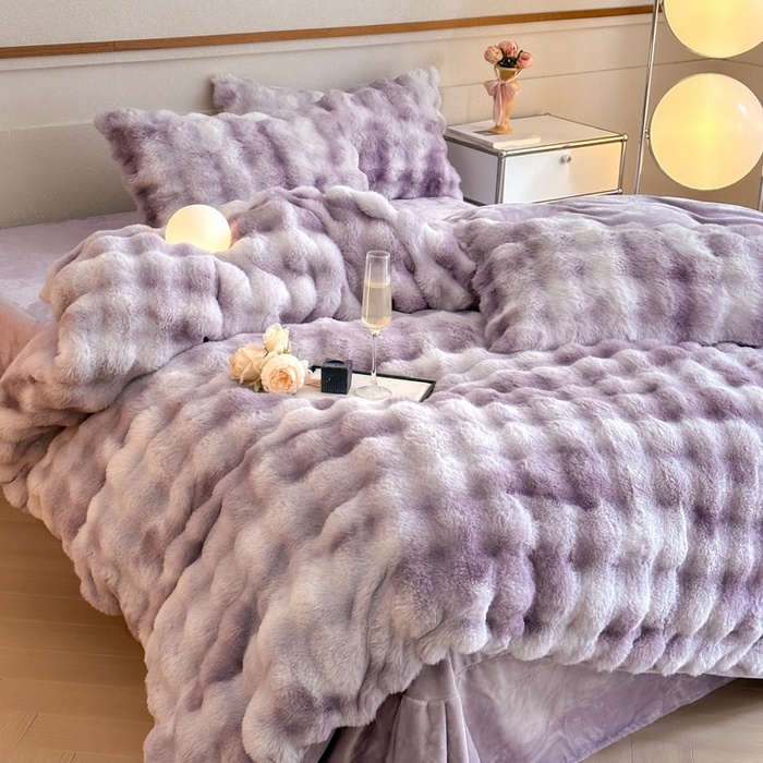 91家纺网 家纺一手货源 找家纺 畅畅家纺 2025新款纯色七彩兔兔绒兔毛绒牛奶绒四件套 七彩-紫