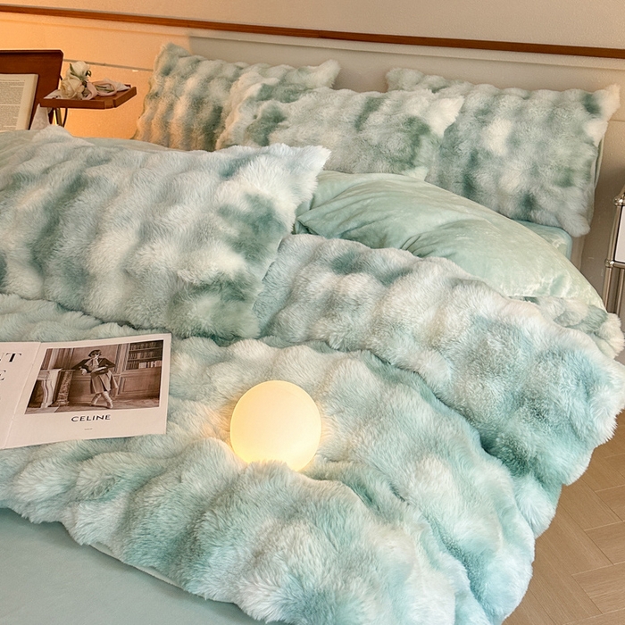 91家纺网 家纺一手货源 找家纺 畅畅家纺 2025新款纯色七彩兔兔绒兔毛绒牛奶绒四件套 七彩-绿