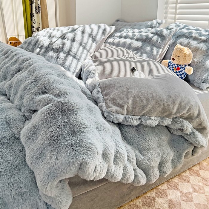 91家纺网 家纺一手货源 找家纺 畅畅家纺 2025新款纯色七彩兔兔绒兔毛绒牛奶绒四件套 高级灰