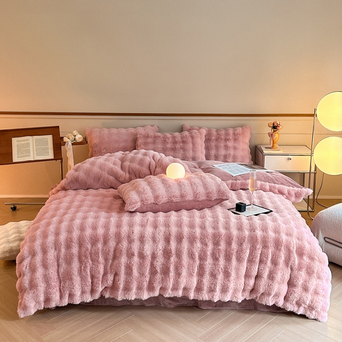 畅畅家纺 2025新款纯色七彩兔兔绒兔毛绒牛奶绒四件套 豆沙粉