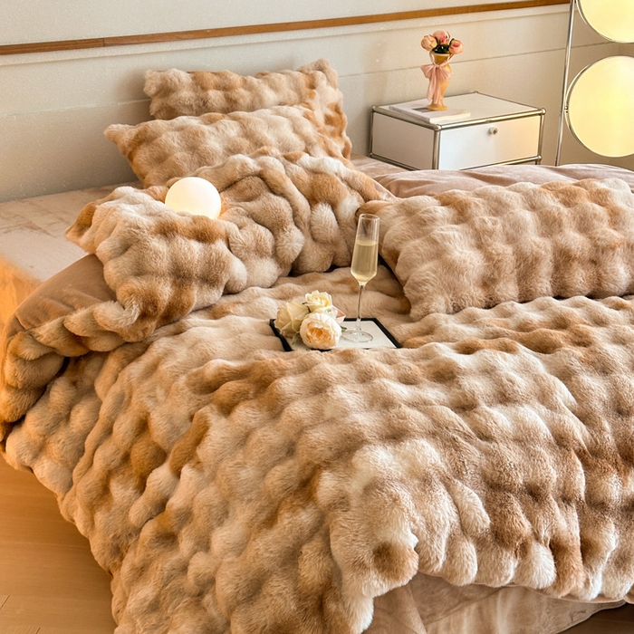 91家纺网 家纺一手货源 找家纺 畅畅家纺 2025新款纯色七彩兔兔绒兔毛绒牛奶绒四件套 七彩-咖