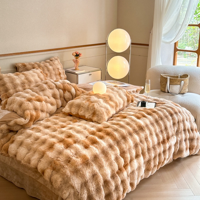 91家纺网 家纺一手货源 找家纺 畅畅家纺 2025新款纯色七彩兔兔绒兔毛绒牛奶绒四件套 七彩-咖