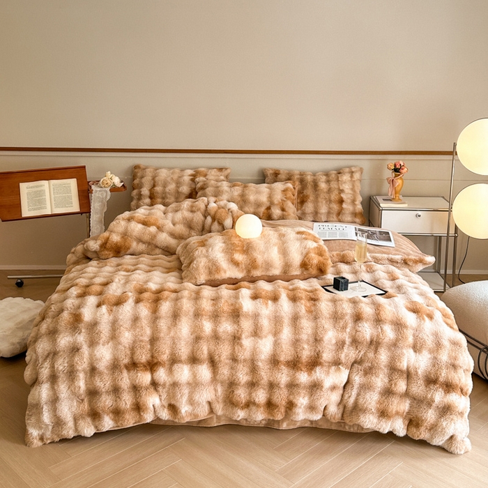 91家纺网 家纺一手货源 找家纺 畅畅家纺 2025新款纯色七彩兔兔绒兔毛绒牛奶绒四件套 七彩-咖