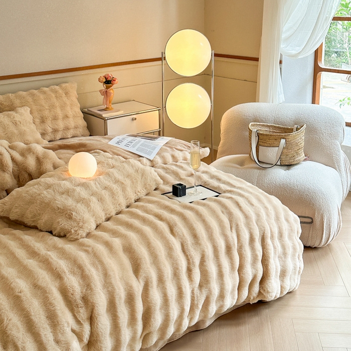 91家纺网 家纺一手货源 找家纺 畅畅家纺 2025新款纯色七彩兔兔绒兔毛绒牛奶绒四件套 卡其