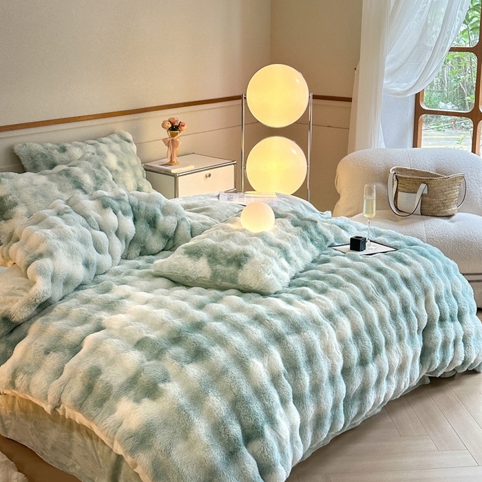 91家纺网 家纺一手货源 找家纺 畅畅家纺 2025新款纯色七彩兔兔绒兔毛绒牛奶绒四件套 七彩-绿