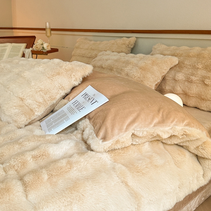 91家纺网 家纺一手货源 找家纺 畅畅家纺 2025新款纯色七彩兔兔绒兔毛绒牛奶绒四件套 卡其