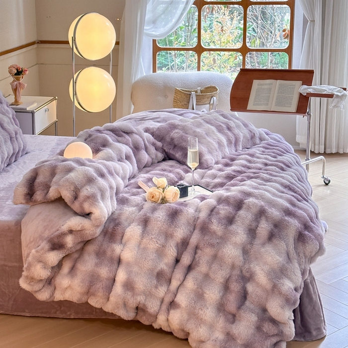 91家纺网 家纺一手货源 找家纺 畅畅家纺 2025新款纯色七彩兔兔绒兔毛绒牛奶绒四件套 七彩-紫