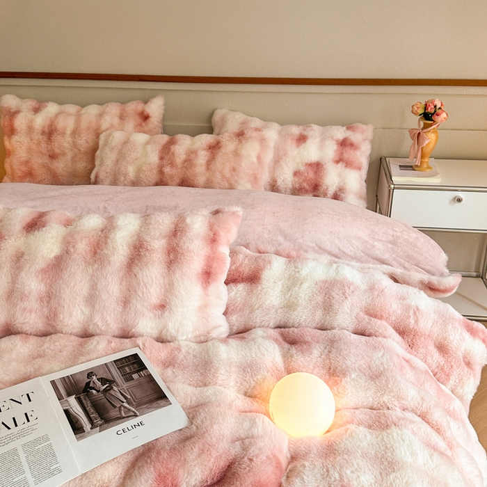 91家纺网 家纺一手货源 找家纺 畅畅家纺 2025新款纯色七彩兔兔绒兔毛绒牛奶绒四件套 七彩-粉