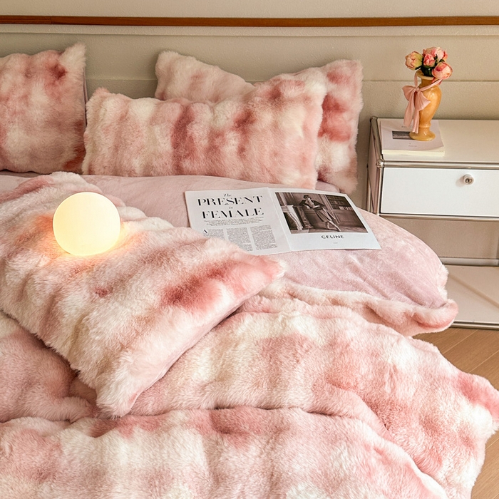 91家纺网 家纺一手货源 找家纺 畅畅家纺 2025新款纯色七彩兔兔绒兔毛绒牛奶绒四件套 七彩-粉