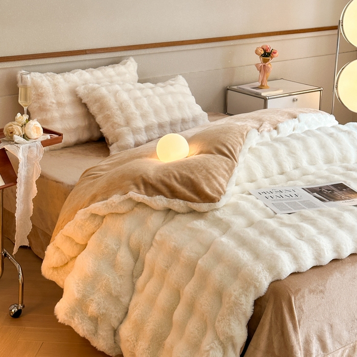 91家纺网 家纺一手货源 找家纺 畅畅家纺 2025新款纯色七彩兔兔绒兔毛绒牛奶绒四件套 奶白+咖