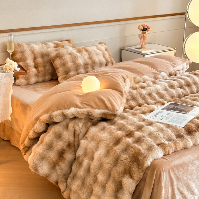 畅畅家纺 2025新款纯色七彩兔兔绒兔毛绒牛奶绒四件套 七彩咖