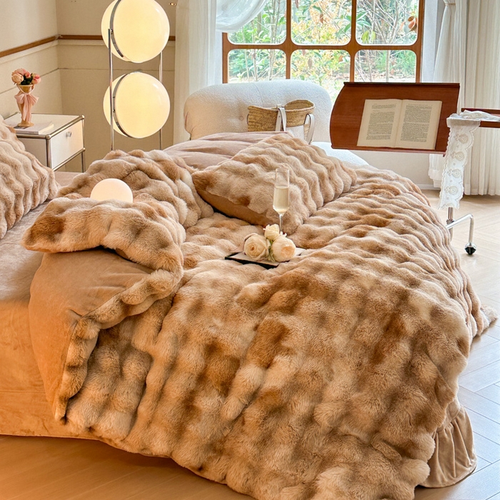 91家纺网 家纺一手货源 找家纺 畅畅家纺 2025新款纯色七彩兔兔绒兔毛绒牛奶绒四件套 七彩咖