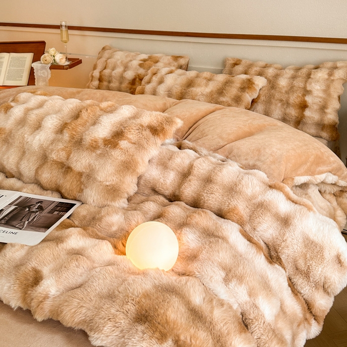 91家纺网 家纺一手货源 找家纺 畅畅家纺 2025新款纯色七彩兔兔绒兔毛绒牛奶绒四件套 七彩咖