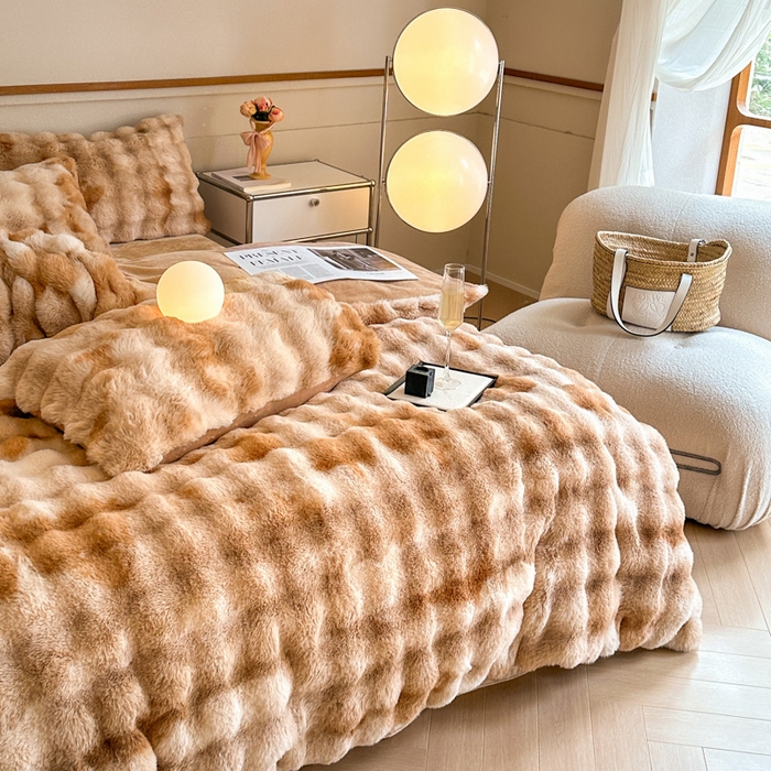 91家纺网 家纺一手货源 找家纺 畅畅家纺 2025新款纯色七彩兔兔绒兔毛绒牛奶绒四件套 七彩咖