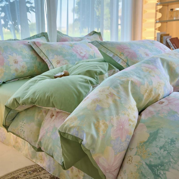 91家纺网 家纺一手货源 找家纺 铭博家纺 新款直播爆款网红全棉四件套13070印花吊边一字绣纯棉被套工艺款 白棠雾黎