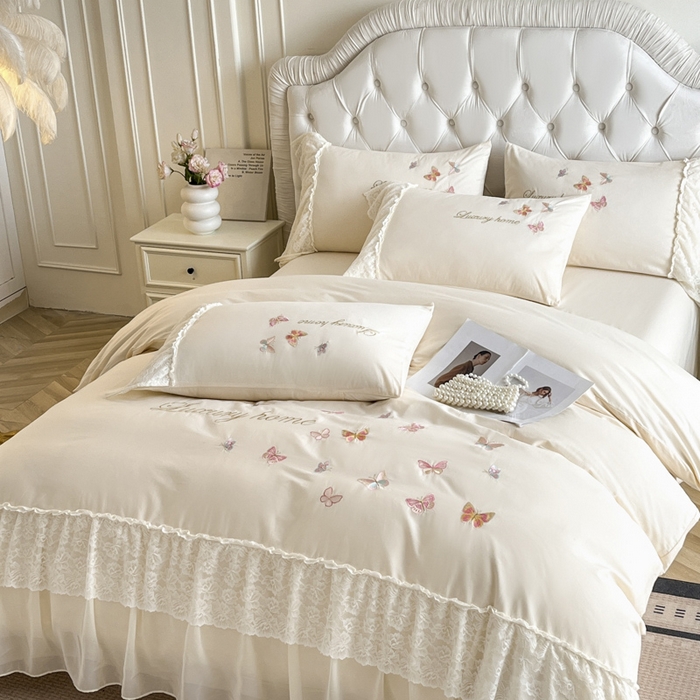 91家纺网 家纺一手货源 找家纺 （总）索飞特家纺 2025新款全棉蕾丝双层边刺绣四件套（蝶雅）