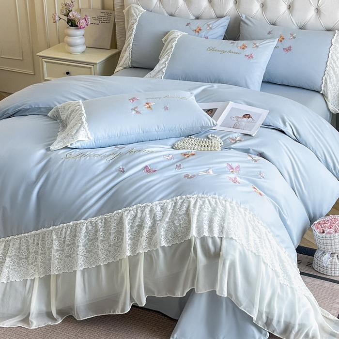 91家纺网 家纺一手货源 找家纺 （总）索飞特家纺 2025新款全棉蕾丝双层边刺绣四件套（蝶雅）