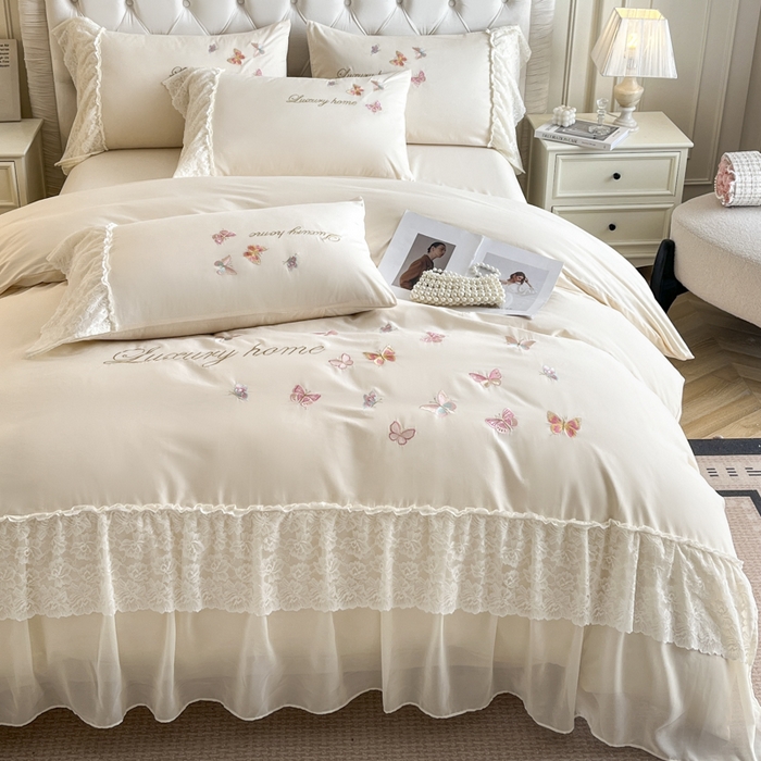 91家纺网 家纺一手货源 找家纺 （总）索飞特家纺 2025新款全棉蕾丝双层边刺绣四件套（蝶雅）