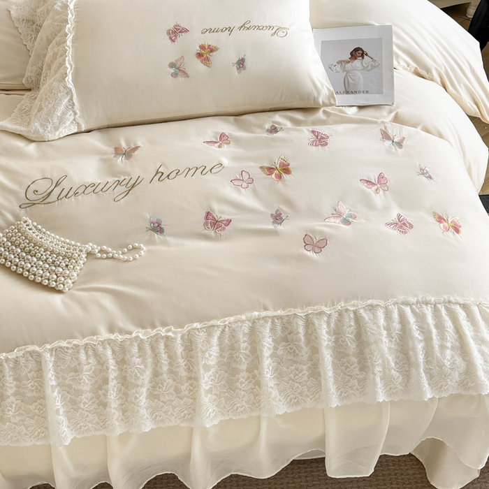 91家纺网 家纺一手货源 找家纺 （总）索飞特家纺 2025新款全棉蕾丝双层边刺绣四件套（蝶雅）