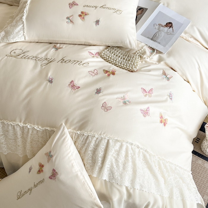 91家纺网 家纺一手货源 找家纺 （总）索飞特家纺 2025新款全棉蕾丝双层边刺绣四件套（蝶雅）