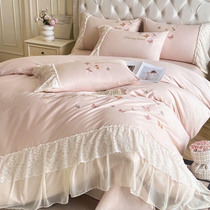 91家纺网 家纺一手货源 找家纺 （总）索飞特家纺 2025新款全棉蕾丝双层边刺绣四件套（蝶雅）