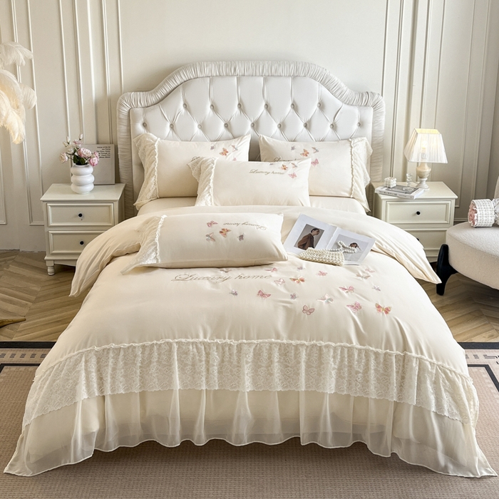 91家纺网 家纺一手货源 找家纺 （总）索飞特家纺 2025新款全棉蕾丝双层边刺绣四件套（蝶雅）