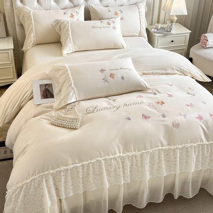 91家纺网 家纺一手货源 找家纺 （总）索飞特家纺 2025新款全棉蕾丝双层边刺绣四件套（蝶雅）