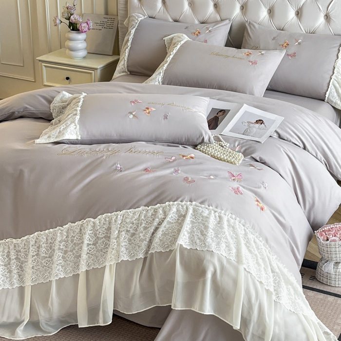 91家纺网 家纺一手货源 找家纺 （总）索飞特家纺 2025新款全棉蕾丝双层边刺绣四件套（蝶雅）