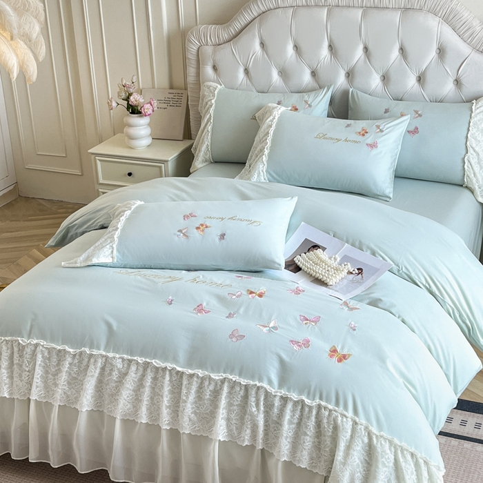 91家纺网 家纺一手货源 找家纺 索飞特家纺 2025新款全棉蕾丝双层边刺绣四件套（蝶雅） 蝶雅-蒂芙兰