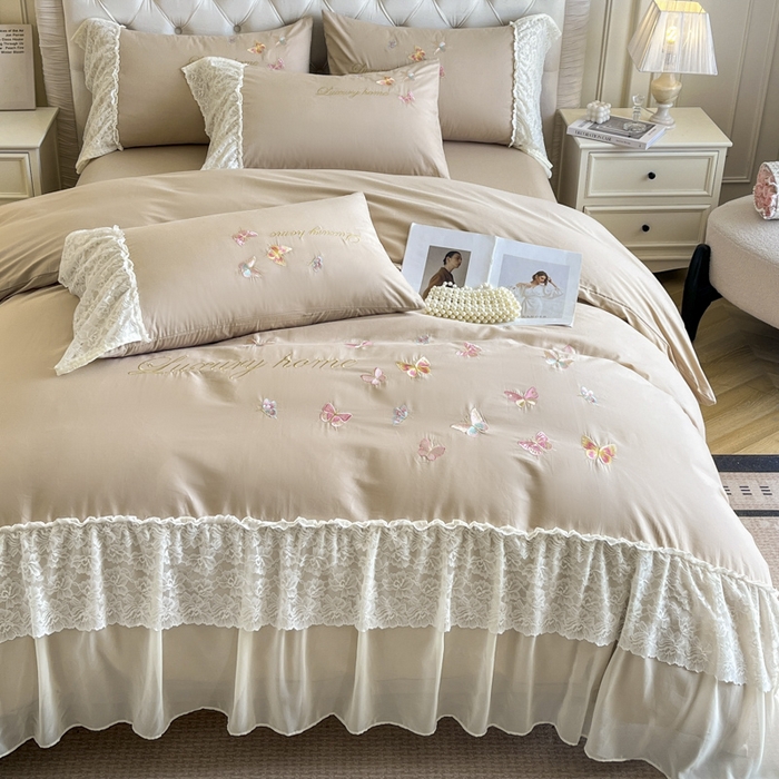 91家纺网 家纺一手货源 找家纺 索飞特家纺 2025新款全棉蕾丝双层边刺绣四件套（蝶雅） 蝶雅-燕麦