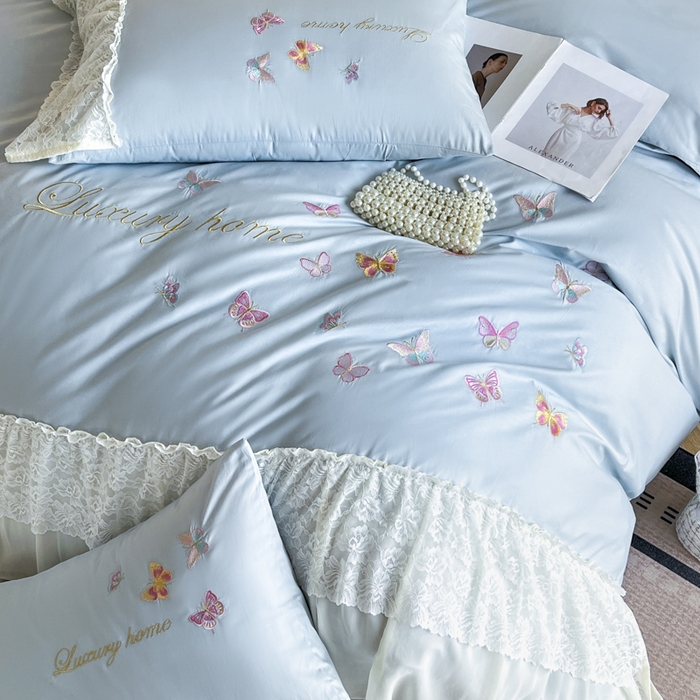 91家纺网 家纺一手货源 找家纺 索飞特家纺 2025新款全棉蕾丝双层边刺绣四件套（蝶雅） 蝶雅-蓝