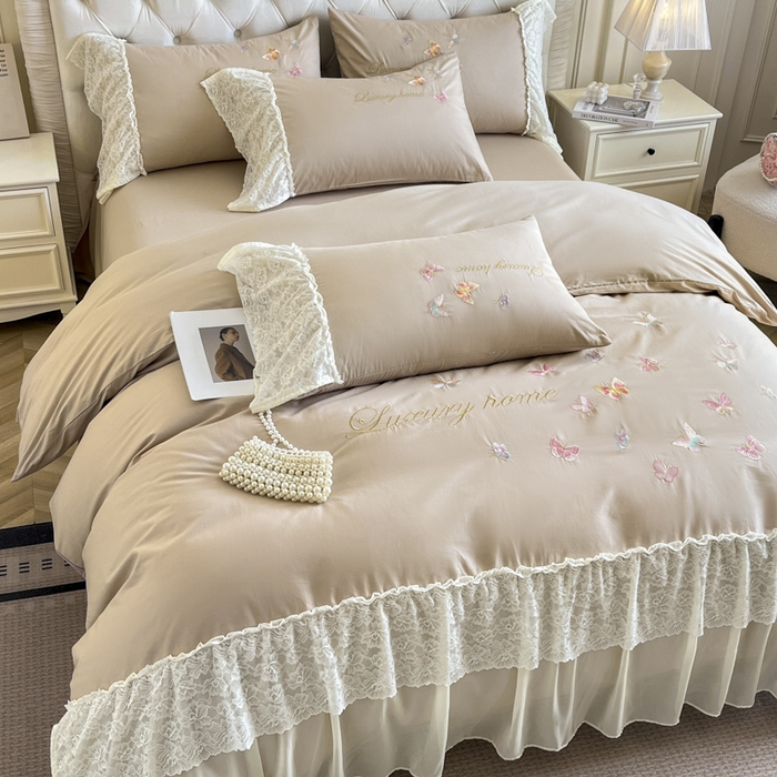 91家纺网 家纺一手货源 找家纺 索飞特家纺 2025新款全棉蕾丝双层边刺绣四件套（蝶雅） 蝶雅-燕麦