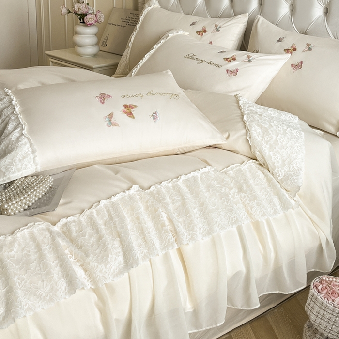 91家纺网 家纺一手货源 找家纺 索飞特家纺 2025新款全棉蕾丝双层边刺绣四件套（蝶雅） 蝶雅-白
