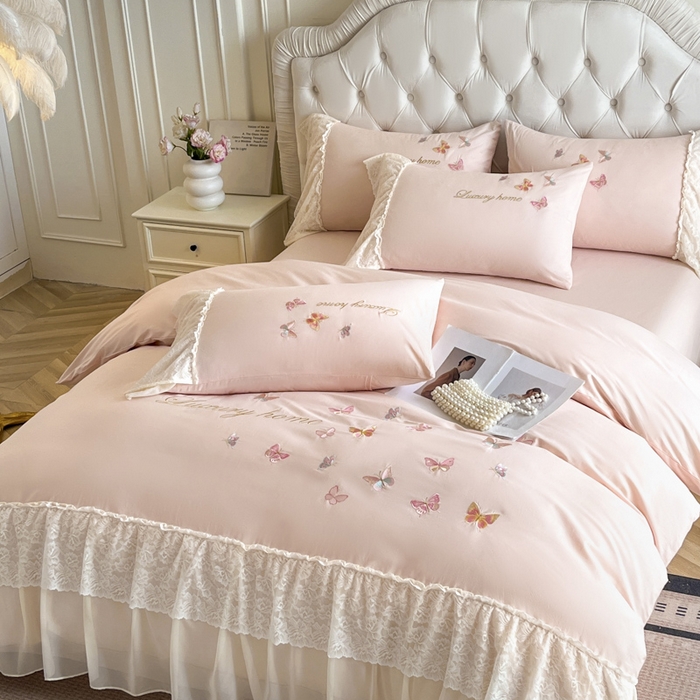 91家纺网 家纺一手货源 找家纺 索飞特家纺 2025新款全棉蕾丝双层边刺绣四件套（蝶雅） 蝶雅-粉