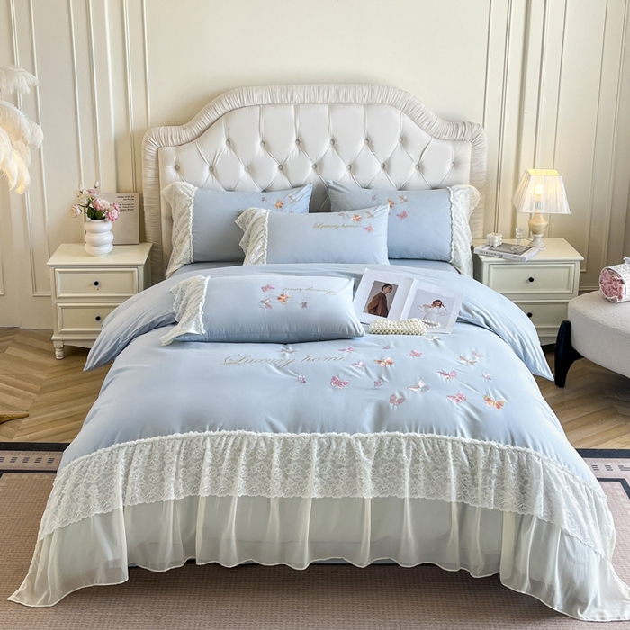 91家纺网 家纺一手货源 找家纺 索飞特家纺 2025新款全棉蕾丝双层边刺绣四件套（蝶雅） 蝶雅-蓝