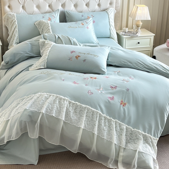 91家纺网 家纺一手货源 找家纺 索飞特家纺 2025新款全棉蕾丝双层边刺绣四件套（蝶雅） 蝶雅-蒂芙兰